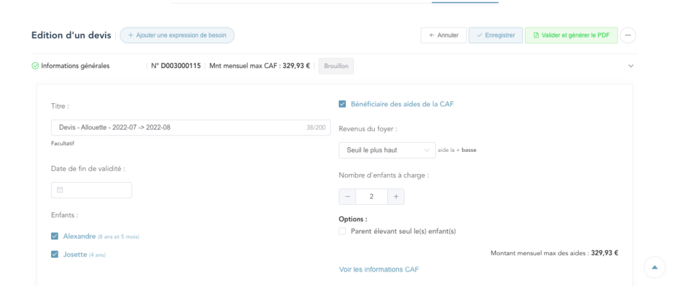 Devis dédié à la garde d’enfants - Ozou, logiciel métier SAP